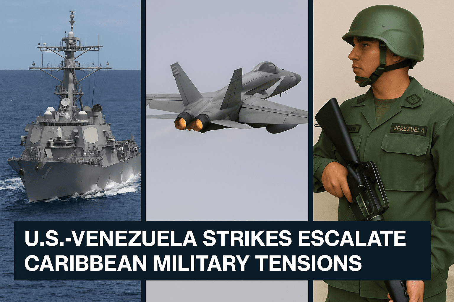 A split-screen news image shows three elements symbolizing rising U.S.-Venezuela tensions: on the left, a U.S. Navy destroyer sails through the ocean; in the center, a fighter jet climbs skyward with afterburners lit; on the right, a Venezuelan soldier in a green uniform and helmet holds a rifle. A bold headline at the bottom reads: “U.S.-VENEZUELA STRIKES ESCALATE CARIBBEAN MILITARY TENSIONS.”
