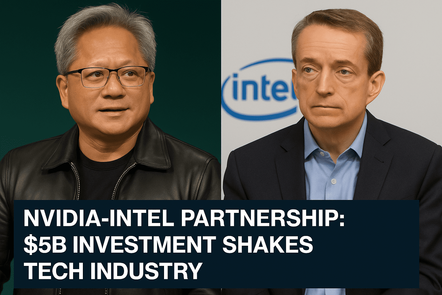 A split-screen news image shows NVIDIA CEO Jensen Huang on the left, wearing glasses, a black leather jacket, and a black shirt, looking slightly to the side with a confident expression. On the right is Intel CEO Pat Gelsinger, dressed in a dark suit and light blue shirt, appearing serious with the Intel logo visible behind him. Across the bottom, a bold headline reads: “NVIDIA-INTEL PARTNERSHIP: $5B INVESTMENT SHAKES TECH INDUSTRY.”