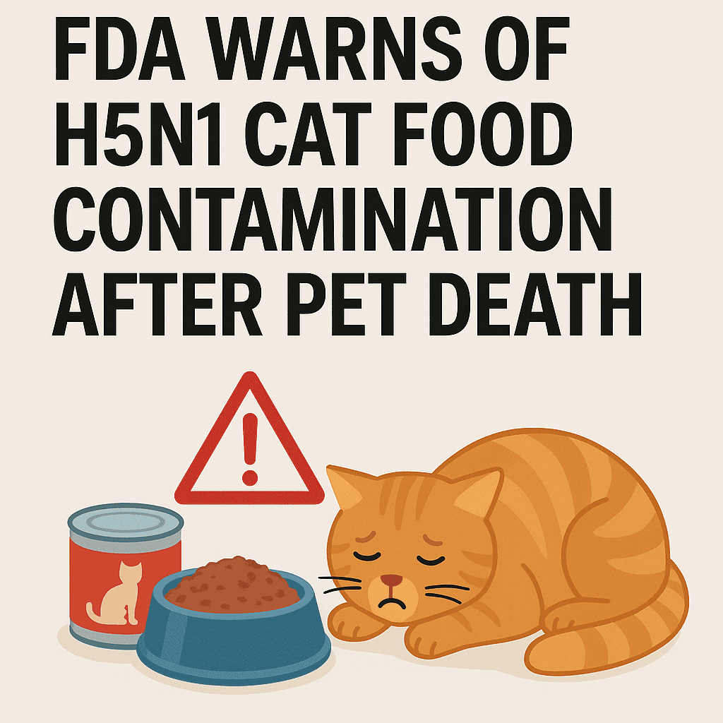 Illustration showing a curled orange tabby cat looking unwell beside a food bowl and canned cat food, with a red warning triangle symbol. Large headline reads: ‘FDA Warns of H5N1 Cat Food Contamination After Pet Death