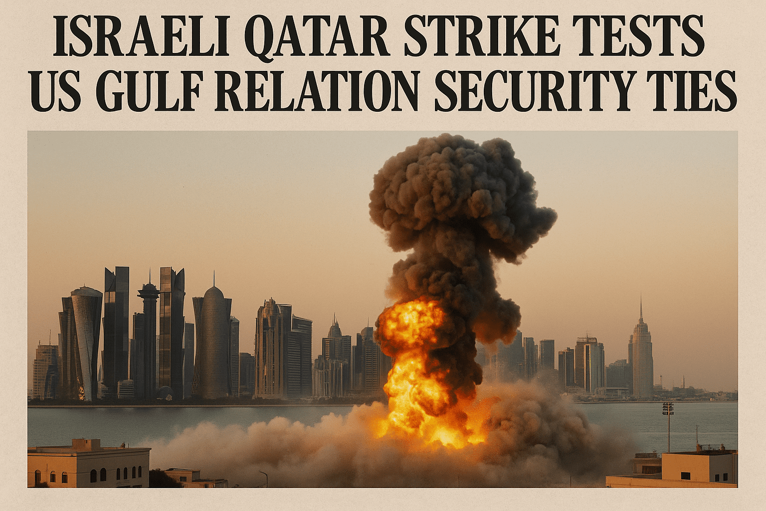 The image shows a dramatic newspaper-style front page with the headline “ISRAELI QATAR STRIKE TESTS US GULF RELATION SECURITY TIES” in bold letters at the top. Below the headline, a massive fiery explosion with thick black smoke rises against the modern skyline of Doha, Qatar, with its distinctive high-rise towers silhouetted in the background.