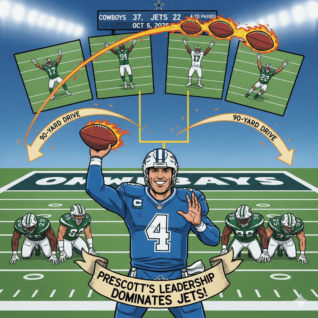 In a commanding display, Dak Prescott threw four touchdown passes to lead the Dallas Cowboys to a 37-22 victory over the New York Jets on October 5, 2025. Prescott's precision and leadership powered two 90-yard scoring drives, cementing the Cowboys' control throughout the game.